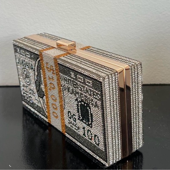 Handbags - Embellished Crystal Money Clutch in Silver & Gold